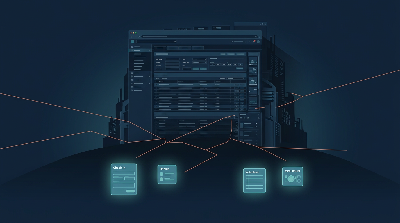 A massive enterprise interface looms over four small, simple nonprofit tools — the mismatch between heavyweight software and lean team needs.