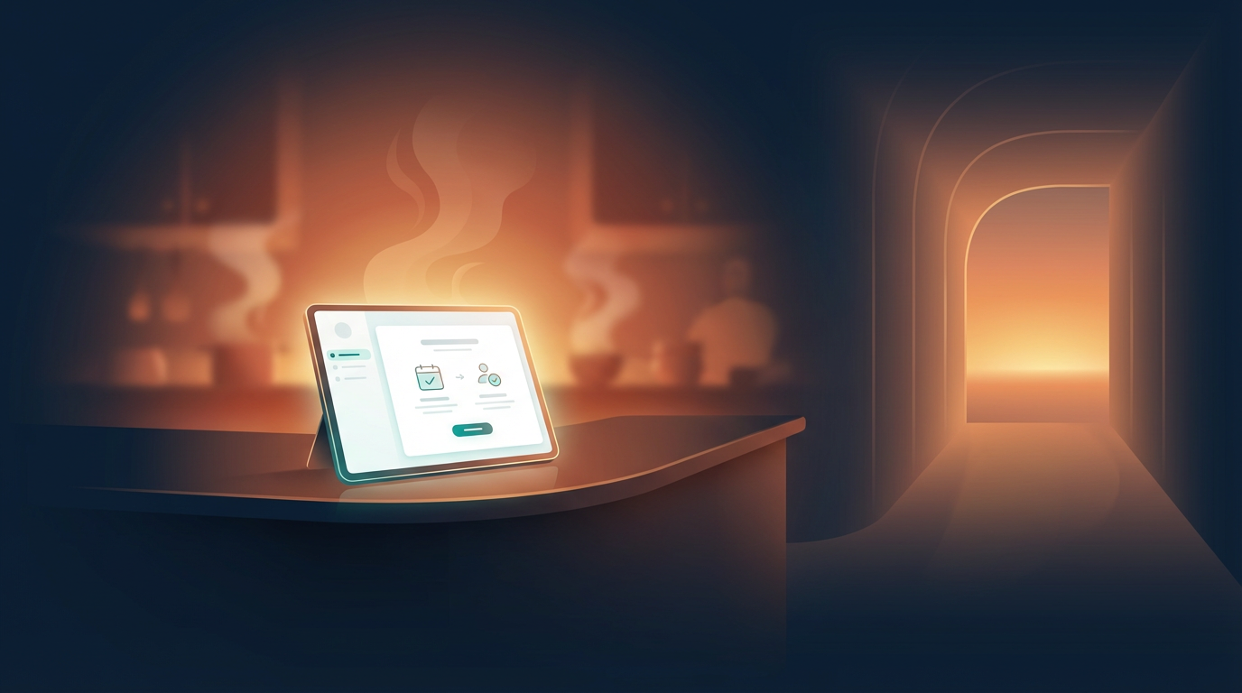 A tablet showing a check-in screen on a kitchen counter with warm steam rising behind, and an illuminated doorway to the right — pilot reality meets invitation.
