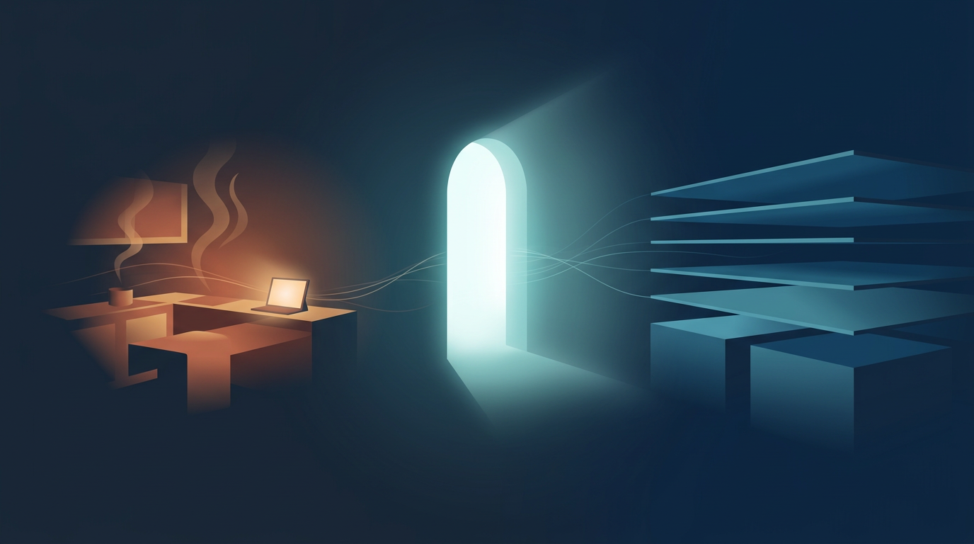 Three visual chapters: a warm kitchen workspace with the first prototype on the left, a luminous gateway of light at center marking the pivot when engineers joined, and the mature layered platform on the right.